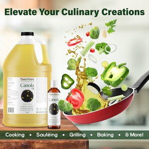 May include: A large jug and small bottle of Plant Guru Canola Oil are displayed with fresh vegetables and a red frying pan. The image includes the text "Elevate Your Culinary Creations" and cooking-related terms like "Cooking" and "Grilling".