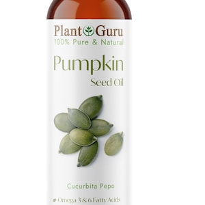 May include: A brown bottle of Plant Guru Pumpkin Seed Oil with a white label. The label features the text "Pumpkin Seed Oil" and a graphic of green pumpkin seeds. The bottle contains 8 fl. oz. / 237 ml.