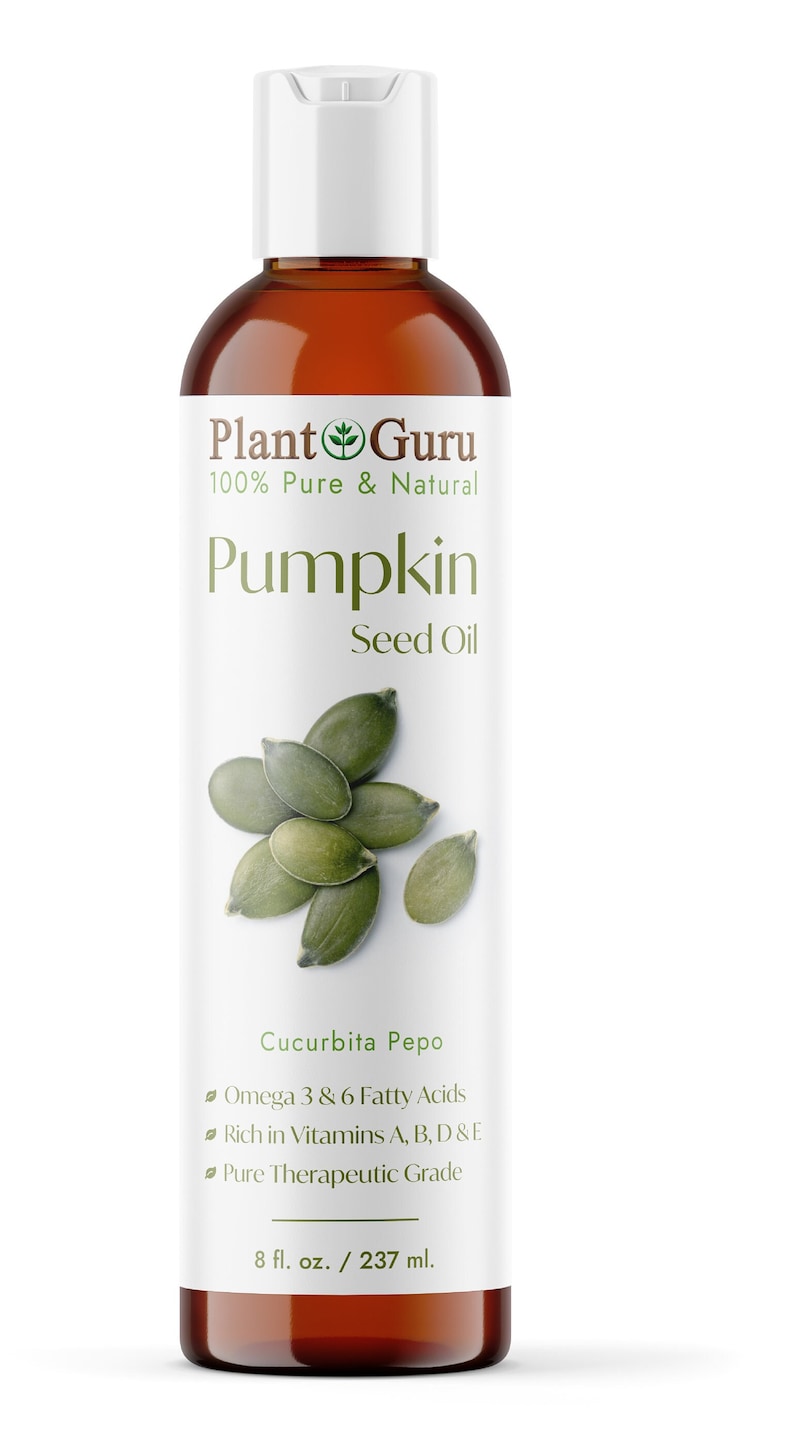 May include: A brown bottle of Plant Guru Pumpkin Seed Oil with a white label. The label features the text "Pumpkin Seed Oil" and a graphic of green pumpkin seeds. The bottle contains 8 fl. oz. / 237 ml.