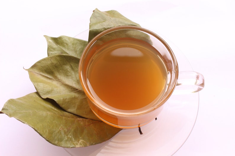 May include: A clear glass cup filled with a warm amber-colored liquid, resting on a matching glass saucer. Beside the cup, three dried, light brown, oval-shaped leaves are arranged, showing visible veins and a slightly curled, textured surface.