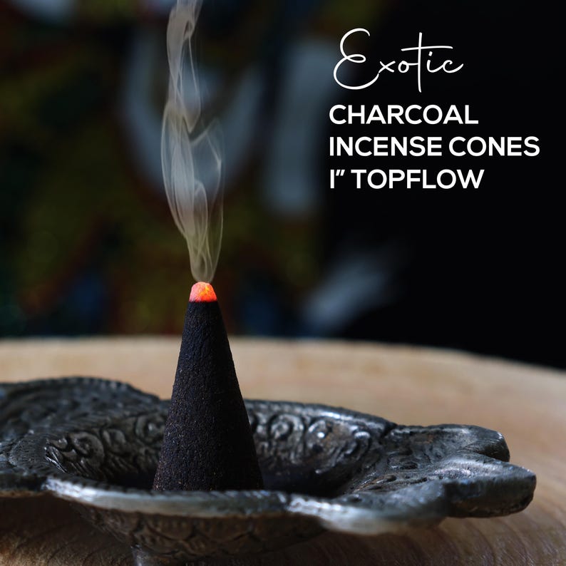 Puede incluir: Un cono de incienso de carb&oacute;n negro encendido con una punta roja, que emite volutas de humo. El cono se encuentra en un portaincienso decorativo de metal oscuro. La imagen incluye el texto "Exotic CHARCOAL INCENSE CONES 1" TOPFLOW."