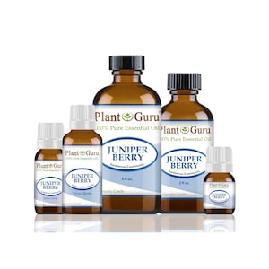 May include: An assortment of amber glass bottles of juniper berry essential oil. The bottles vary in size, with white labels and black caps. The labels read "Plant Guru" and "Juniper Berry". The largest bottle is labeled 4 fl oz.