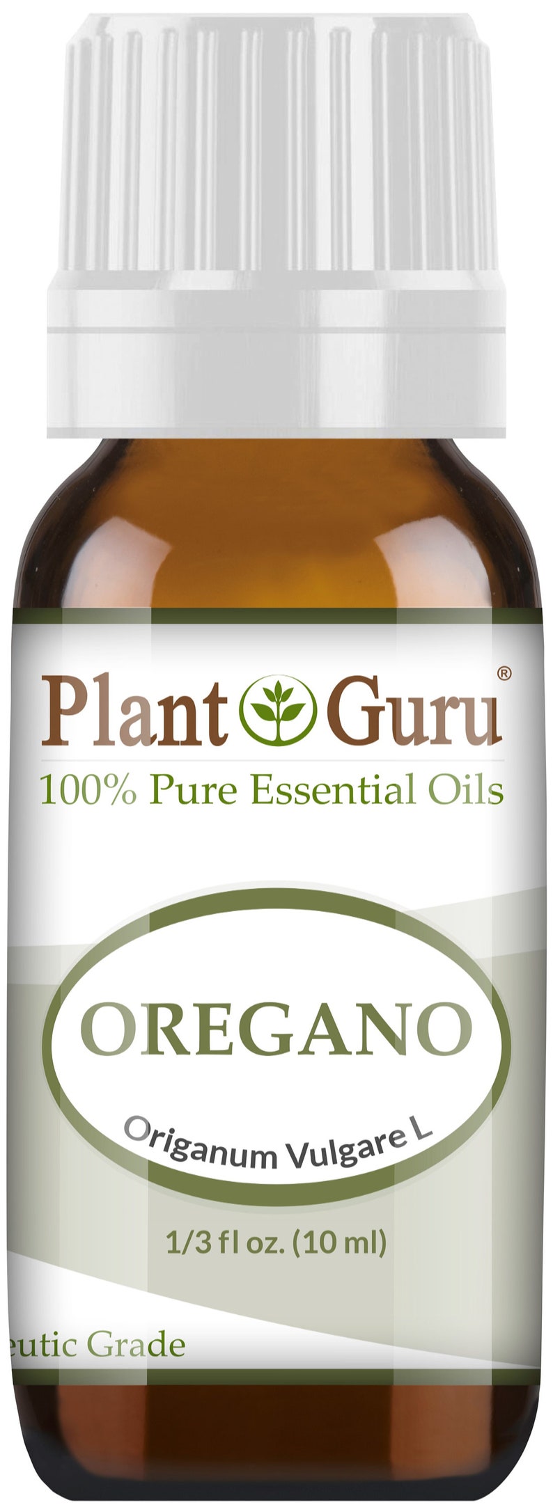 Puede incluir: Una botella de vidrio marr&oacute;n de aceite esencial de or&eacute;gano con tapa blanca. La etiqueta dice "Plant Guru" y "OREGANO". La botella contiene 10 ml de aceite.