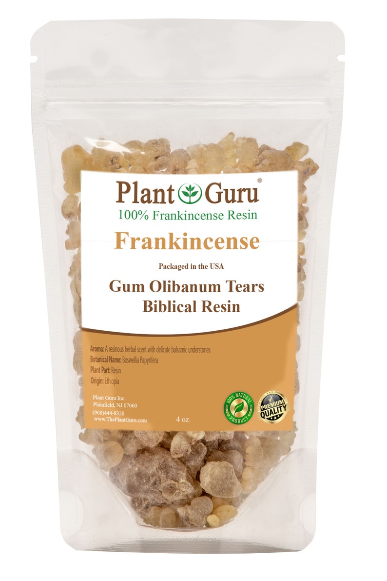 May include: A clear plastic bag filled with light brown frankincense resin tears. The bag has a label that reads "Plant Guru 100% Frankincense Resin Frankincense Packaged in the USA Gum Olibanum Tears Biblical Resin". The label also includes the botanical name, plant part, origin, and contact information for Plant Guru Inc. The bag is 4 oz.