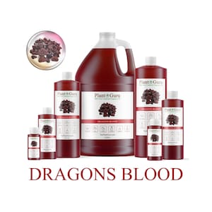 May include: An assortment of red liquid bottles and containers labeled "Dragons Blood" from Plant Guru. The containers vary in size, from small bottles to a large gallon jug, all filled with a deep red liquid. A small circular image shows a close-up of the product.