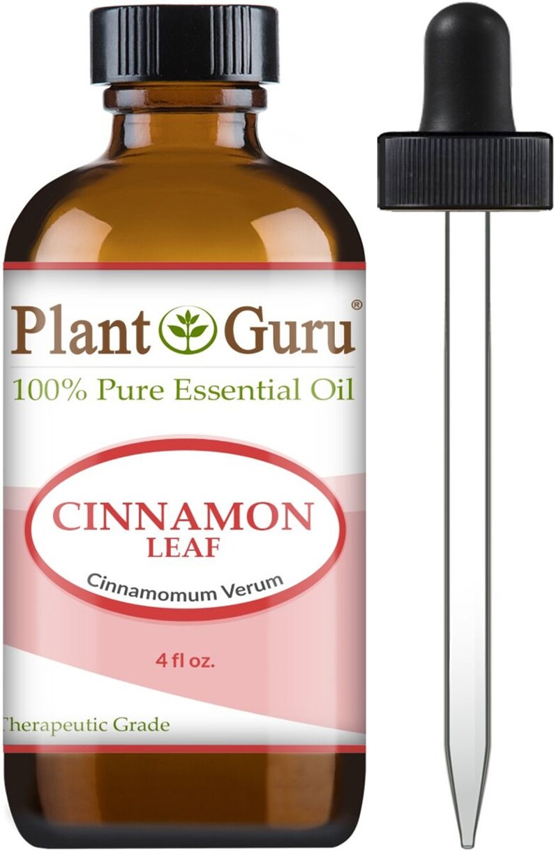 May include: A brown glass bottle of Plant Guru Cinnamon Leaf essential oil with a black cap and a dropper. The label reads "100% Pure Essential Oil" and "Cinnamon Leaf". The bottle contains 4 fl oz of oil.