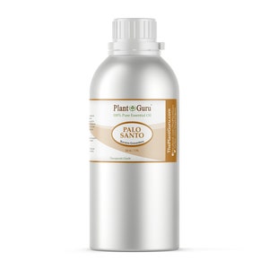 May include: A large, silver metal bottle of Palo Santo essential oil. The label reads "Plant Guru 100% Pure Essential Oil" and features the words "PALO SANTO" in a circular design. The bottle contains 16 fl oz / 1 lb of oil.