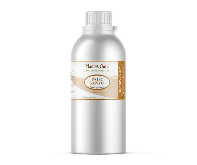 May include: A large, silver metal bottle of Palo Santo essential oil. The label reads "Plant Guru 100% Pure Essential Oil" and features the words "PALO SANTO" in a circular design. The bottle contains 16 fl oz / 1 lb of oil.