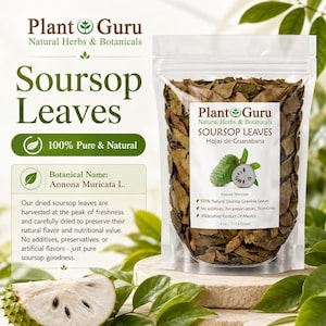 May include: A clear resealable pouch filled with dried brown soursop leaves, labeled Plant Guru Soursop Leaves, 100% Pure & Natural, Annona Muricata L., 4 oz. / 113.4 Grams, with a graphic of a green soursop fruit and a sliced cross-section.