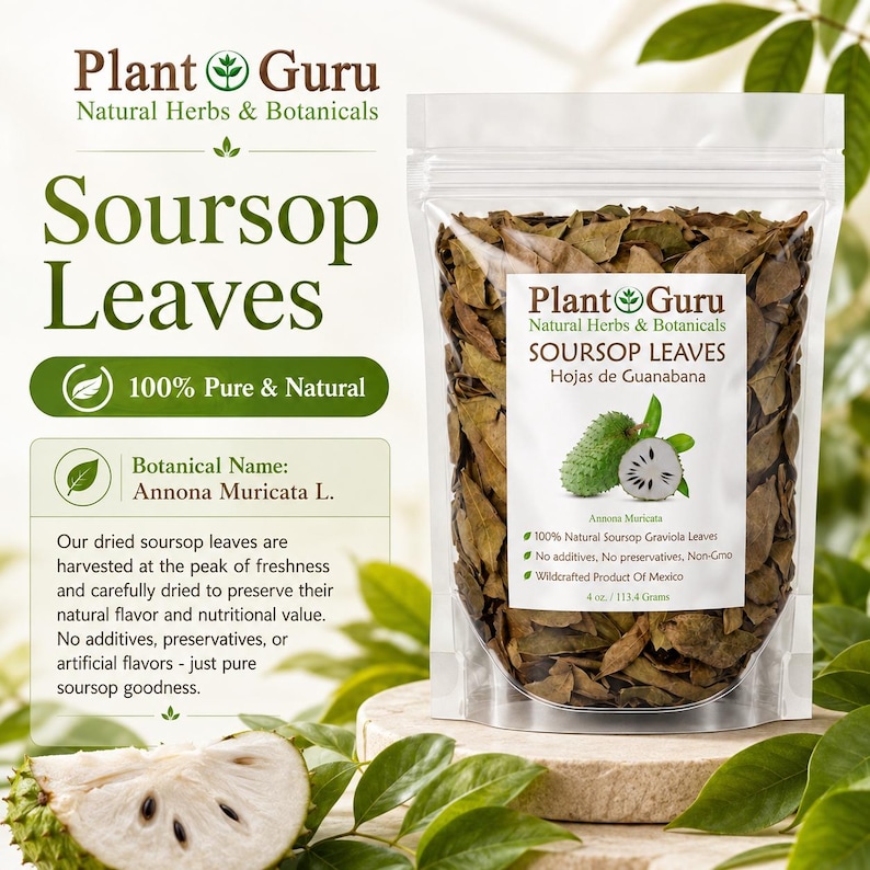 May include: A clear resealable pouch filled with dried brown soursop leaves, labeled Plant Guru Soursop Leaves, 100% Pure & Natural, Annona Muricata L., 4 oz. / 113.4 Grams, with a graphic of a green soursop fruit and a sliced cross-section.