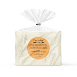 May include: A white block of mango butter in a clear plastic bag. The label reads "Plant Guru Mango Butter" and includes information about the product's benefits and directions for use.