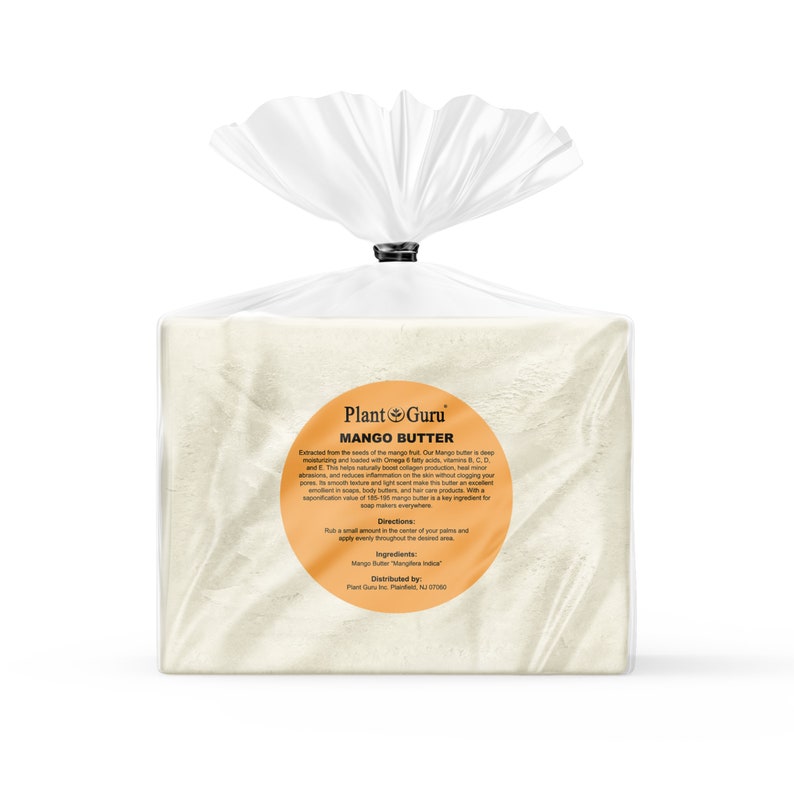 May include: A white block of mango butter in a clear plastic bag. The label reads "Plant Guru Mango Butter" and includes information about the product's benefits and directions for use.