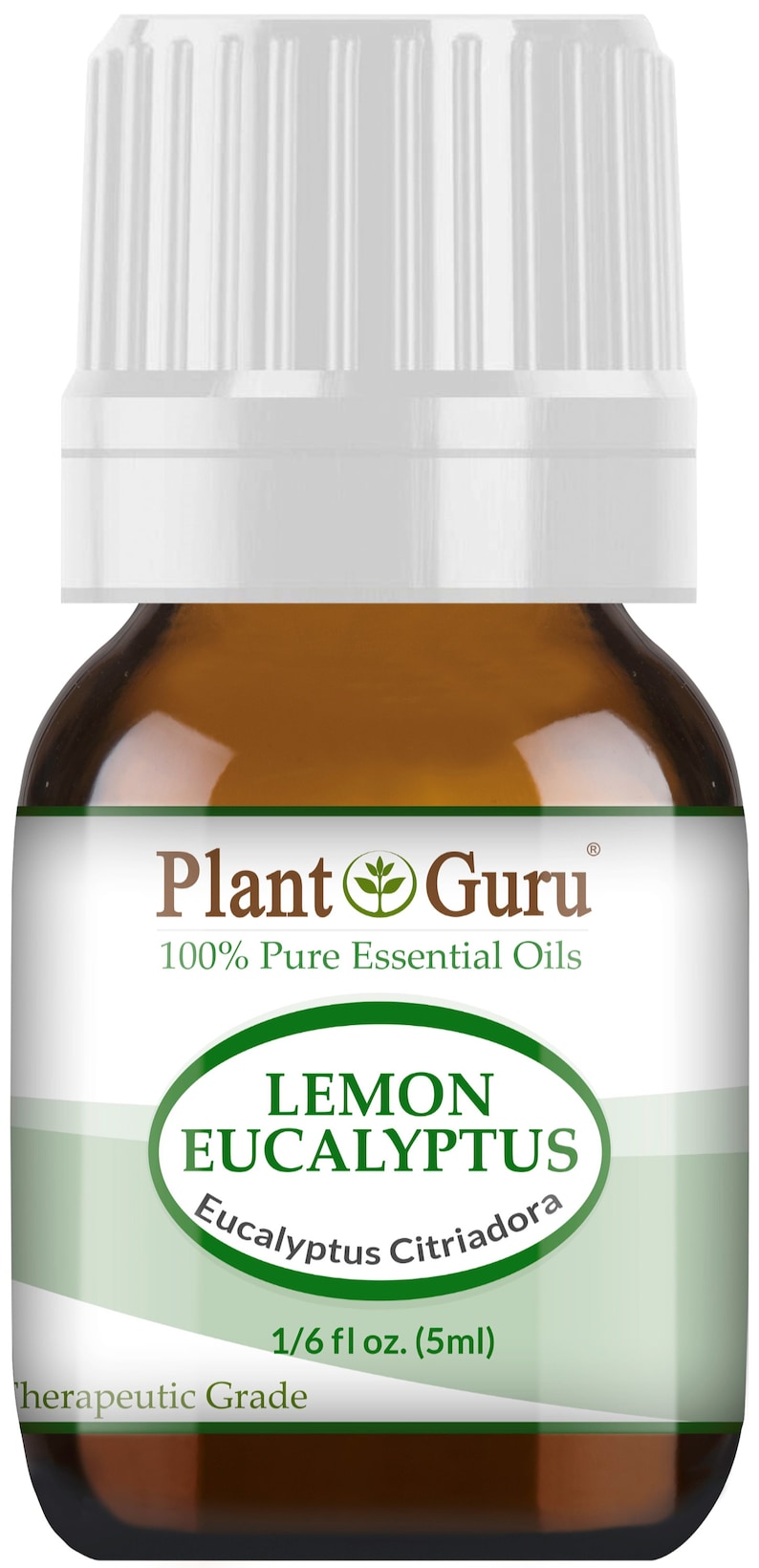 Op de afbeelding: Een bruine glazen fles Plant Guru Lemon Eucalyptus etherische olie. Het etiket luidt "100% Pure Essential Oils" en "Lemon Eucalyptus Eucalyptus Citriadora". De fles bevat 5 ml.