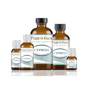 May include: A collection of amber glass bottles of Cypress essential oil. The bottles vary in size, with black caps and white labels that read "Plant Guru" and "CYPRESS". The labels also indicate the volume of oil in fluid ounces.
