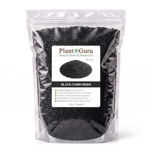 May include: A clear plastic stand-up pouch filled with black cumin seeds. The label features the text Plant Guru Natural Herbs & Botanicals, Black Cumin Seeds, and lists the weight as 2 lbs. / 2 pounds, with a small image of the seeds.