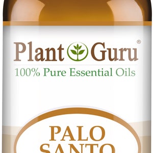 May include: A brown glass bottle of Palo Santo essential oil with a white cap. The label reads "Plant Guru" and "100% Pure Essential Oils." The oval label displays "PALO SANTO" and "Bursera Graveolens." The bottle contains 1 fl oz. (30 ml).