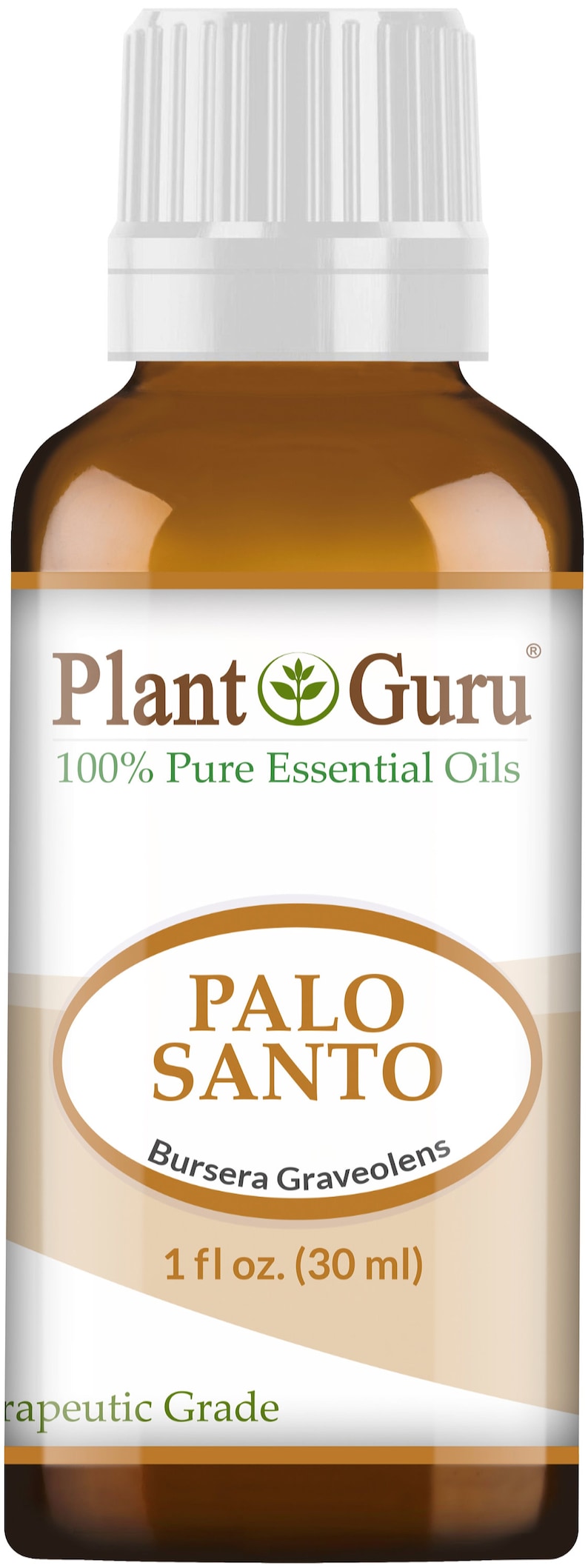May include: A brown glass bottle of Palo Santo essential oil with a white cap. The label reads "Plant Guru" and "100% Pure Essential Oils." The oval label displays "PALO SANTO" and "Bursera Graveolens." The bottle contains 1 fl oz. (30 ml).