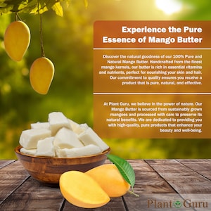 May include: A wooden bowl filled with white mango butter cubes. The bowl is on a wooden table with two ripe yellow mangoes and green leaves.