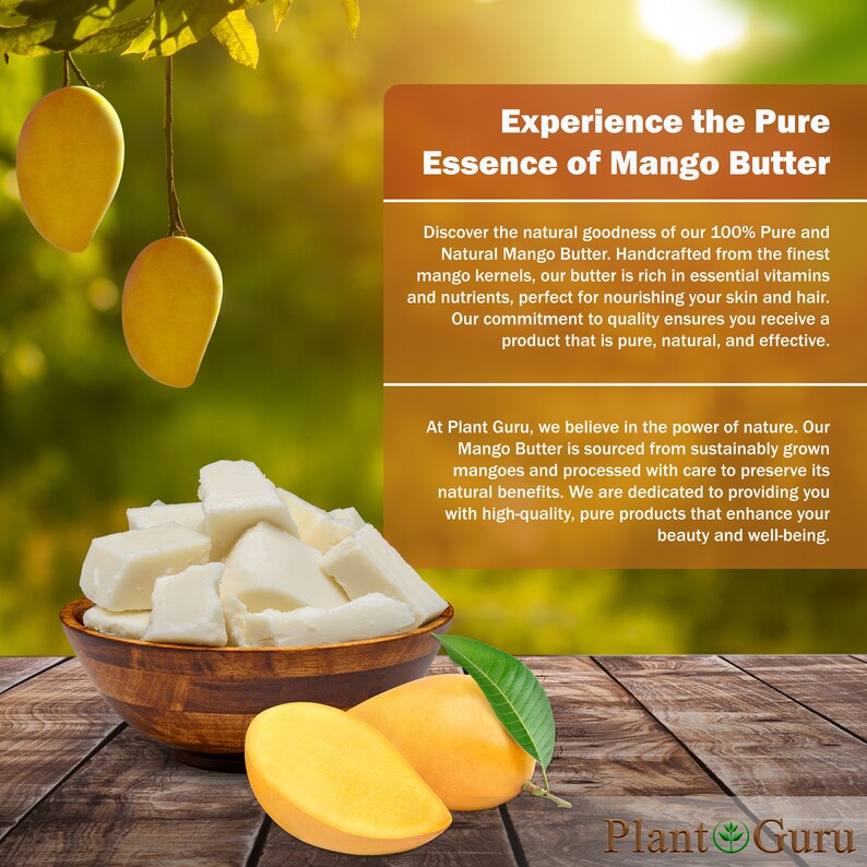 May include: A wooden bowl filled with white mango butter cubes. The bowl is on a wooden table with two ripe yellow mangoes and green leaves.