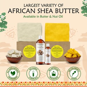 Puede incluir: Imagen que muestra productos de manteca de karit&eacute; africana, incluyendo bloques, trozos y botellas de aceite. La imagen presenta el texto "LARGEST VARIETY OF AFRICAN SHEA BUTTER" y destaca "ALL 100% NATURAL INGREDIENTS".