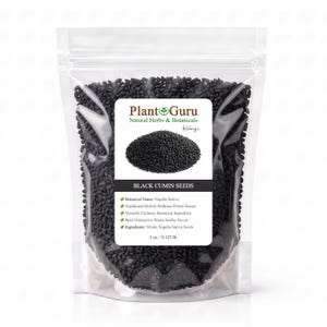 May include: A clear resealable pouch filled with black cumin seeds. The label features the text Plant Guru Natural Herbs & Botanicals, Black Cumin Seeds, Botanical Name: Nigella Sativa, and a net weight of 2 oz. / 0.125 lb. with a seed graphic.