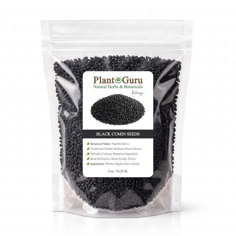 May include: A clear resealable pouch filled with black cumin seeds. The label features the text Plant Guru Natural Herbs & Botanicals, Black Cumin Seeds, Botanical Name: Nigella Sativa, and a net weight of 2 oz. / 0.125 lb. with a seed graphic.