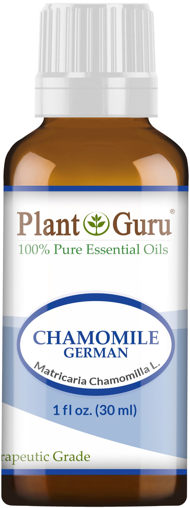 May include: A brown glass bottle of Plant Guru Chamomile German essential oil. The label includes the text "100% Pure Essential Oils" and "1 fl oz. (30 ml)." The bottle has a white cap.