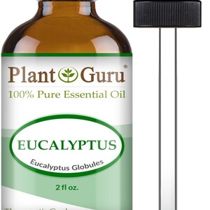 May include: A brown glass bottle of Plant Guru Eucalyptus essential oil with a black cap and a dropper. The label reads "100% Pure Essential Oil" and "Eucalyptus Globules". The bottle contains 2 fl oz.