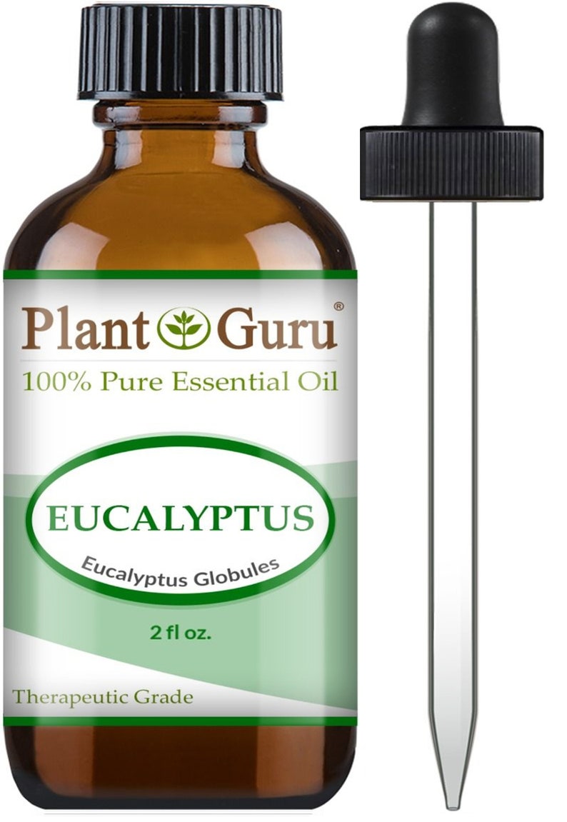 May include: A brown glass bottle of Plant Guru Eucalyptus essential oil with a black cap and a dropper. The label reads "100% Pure Essential Oil" and "Eucalyptus Globules". The bottle contains 2 fl oz.