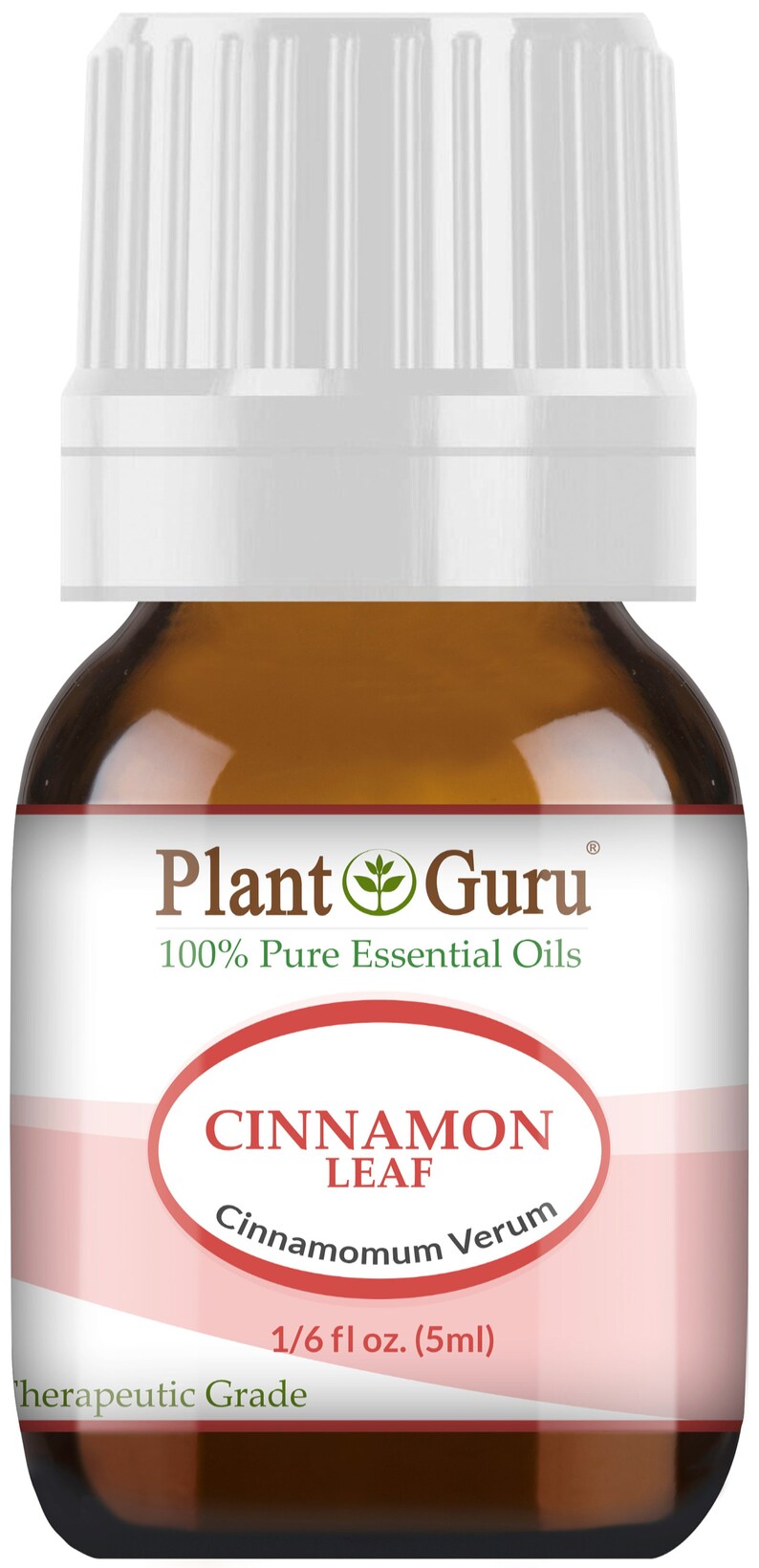 May include: A brown glass bottle of Plant Guru Cinnamon Leaf essential oil. The label includes the text "100% Pure Essential Oils" and "Cinnamon Leaf". The bottle contains 1/6 fl oz (5ml) of therapeutic grade oil.