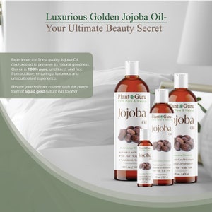 May include: Several amber-coloured jojoba oil bottles of different sizes, branded "Plant Guru Jojoba Oil." The bottles are displayed on a white surface, with text that reads "Luxurious Golden Jojoba Oil - Your Ultimate Beauty Secret."