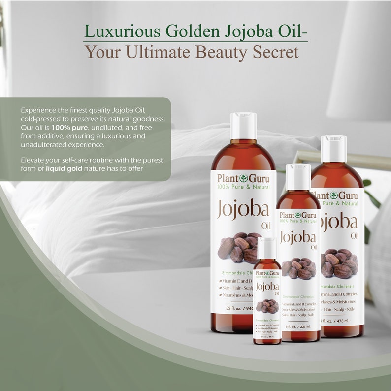 May include: Several amber-coloured jojoba oil bottles of different sizes, branded "Plant Guru Jojoba Oil." The bottles are displayed on a white surface, with text that reads "Luxurious Golden Jojoba Oil - Your Ultimate Beauty Secret."