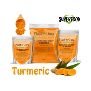 May include: An image of turmeric root powder in various packaging sizes. The packaging includes a large orange bag and smaller pouches, all labeled "Plant Guru" and "Turmeric Root Powder." A wooden spoon holds turmeric powder, and fresh turmeric root is also visible.