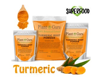 May include: An image of turmeric root powder in various packaging sizes. The packaging includes a large orange bag and smaller pouches, all labeled "Plant Guru" and "Turmeric Root Powder." A wooden spoon holds turmeric powder, and fresh turmeric root is also visible.