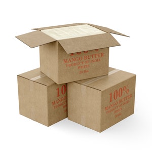 May include: Three cardboard boxes stacked on top of each other. The top box is open and shows a white, solid block inside. All three boxes are labeled "100% Mango Butter Product of India White 25 lbs."