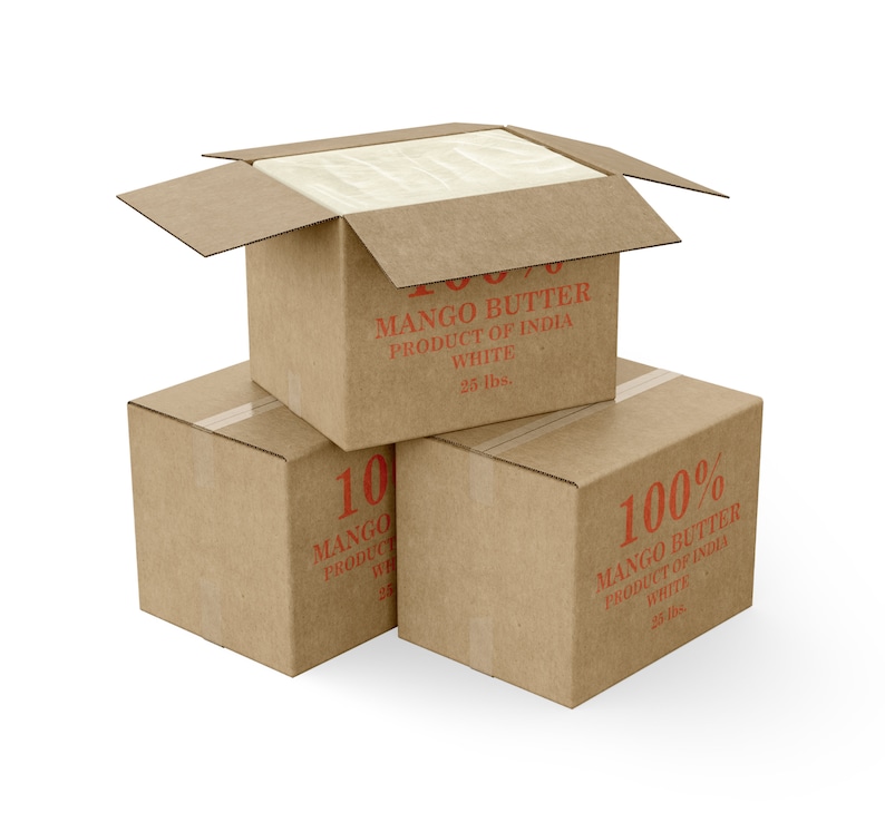 May include: Three cardboard boxes stacked on top of each other. The top box is open and shows a white, solid block inside. All three boxes are labeled "100% Mango Butter Product of India White 25 lbs."