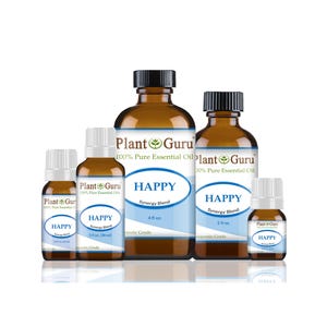 May include: A collection of amber glass essential oil bottles with black caps. The bottles are labeled "Plant Guru" and "HAPPY Synergy Blend." Sizes range from 1 fl oz to 4 fl oz. The labels have a blue and white design.