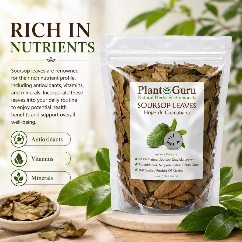 May include: A clear plastic pouch filled with dried brown soursop leaves, labeled Plant Guru Soursop Leaves Hojas de Guanabana, 2 oz. / 56.7 Grams. The label features a green soursop fruit illustration and text listing 100% Natural Soursop Graviola Leaves.