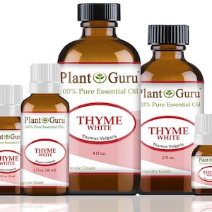 May include: Four amber glass bottles of Thyme White essential oil, labeled "Plant Guru 100% Pure Essential Oils" with varying sizes: 1/3 fl oz, 1 fl oz, 2 fl oz, and 4 fl oz. The bottles are labeled "Thyme White Thymus Vulgaris" and "Therapeutic Grade".