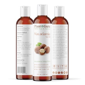 以下が含まれることがあります： Plant Guruのマカダミアナッツオイルの茶色のボトルが3本。ラベルには「100％ Pure & Natural」と記載され、成分、抽出方法、注意点が記載されています。各ボトルには237mlのオイルが入っています。