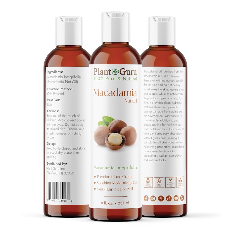 以下が含まれることがあります： Plant Guruのマカダミアナッツオイルの茶色のボトルが3本。ラベルには「100％ Pure & Natural」と記載され、成分、抽出方法、注意点が記載されています。各ボトルには237mlのオイルが入っています。