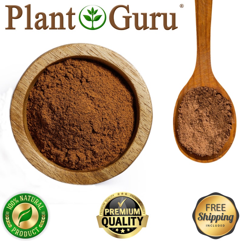May include: A wooden bowl filled with brown powder, alongside a wooden spoon holding a similar powder. The text "Plant Guru" is at the top. The image also includes seals that say "100% Natural Product", "Premium Quality", and "Free Shipping Included".
