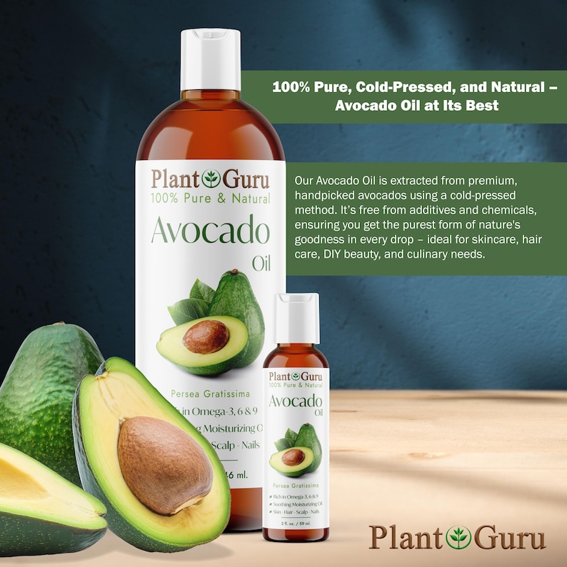 May include: Two bottles of Plant Guru Avocado Oil are displayed, one large and one small, with a sliced avocado and text that reads "100% Pure, Cold-Pressed, and Natural - Avocado Oil at Its Best." The bottles are brown with white caps and labels.