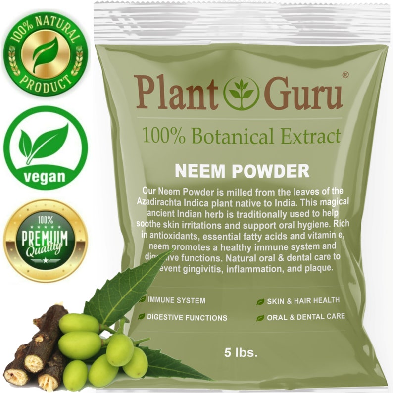 May include: A bag of Plant Guru Neem Powder, a 100% botanical extract. The package features green leaves, a vegan label, and a premium quality seal. The product is 5 lbs and promotes immune system and skin health.