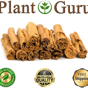 Op de afbeelding: Een stapel lichtbruine kaneelstokjes, opgerold, tegen een witte achtergrond. De tekst "Plant Guru" is zichtbaar. De afbeelding bevat zegels met "100% Natural Product", "Premium Quality" en "Free Shipping Included".