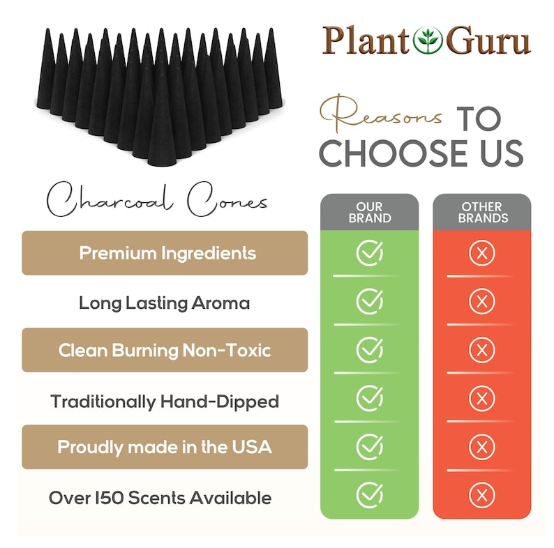 Op de afbeelding: Een verzameling zwarte houtskoolkegels. De afbeelding bevat de tekst "Plant Guru" en "Charcoal Cones". De tekst benadrukt productkenmerken zoals "Premium Ingredi&euml;nten" en "Gemaakt in de VS".
