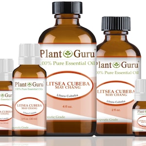 May include: Four amber glass bottles of Litsea Cubeba May Chang essential oil in various sizes, labeled "Plant Guru 100% Pure Essential Oils". The bottles are arranged from smallest to largest, with the largest bottle in the center. The bottles are all labeled with the name of the oil and the size of the bottle. The bottles are all on a white background.
