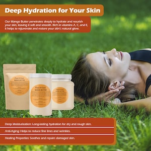 May include: Three jars of mango butter, labeled "Plant Guru Mango Butter", on a bed of green grass. The jars are a light brown color with a white label. The text "Deep Hydration for Your Skin" is at the top of the image.