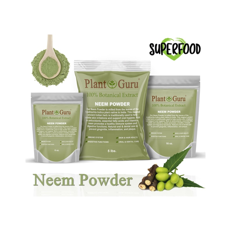 May include: An image of three bags of Neem Powder by Plant Guru, a 100% botanical extract. The bags are silver with green text and a green leaf logo. A wooden spoon with green powder and neem fruit and branches are also shown.