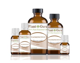 May include: An assortment of amber glass bottles of Plant Guru Frankincense essential oil. The bottles vary in size, from small vials to larger bottles, all with black caps and white labels. The labels read "Frankincense" and "Boswellia Carterii".